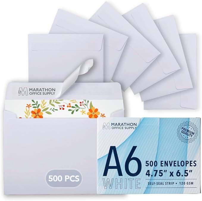 MOS A6 Invitation Envelopes – 4-3/4" x 6-1/2" White Mailing Envelopes Self Seal (500 Count) – 120GSM/ 32LB Bond Heavy Duty – Gift Card, Business, Wedding, Card