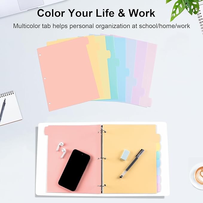 8 Count/1 Set Write & Erase Binder Dividers with Tabs, Durable Plastic 8 Tab Dividers for 3 Ring Binder Letter Size, Separators for Student School Home Office Document Organizer, Pastel