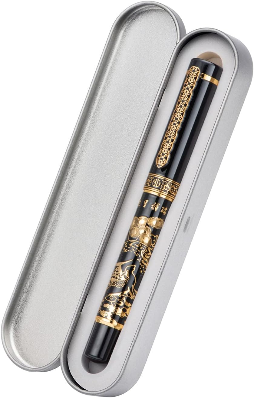 Hongdian 8037 Chinese Classical Fountain Pen, Iridum Fine Gold Nib with Chinese Deer Totem Design, Smooth Writing Pen with Ink Converter and Metal Pen Box Set
