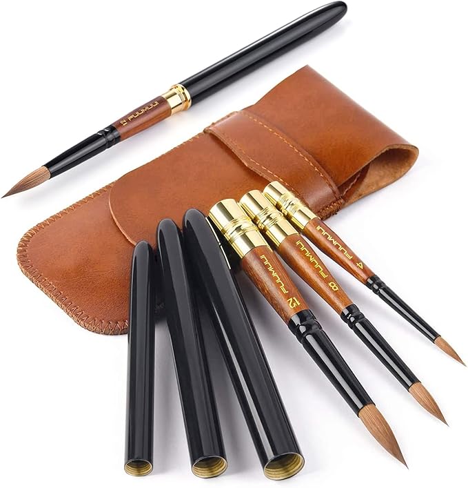 Kolinsky Travel Watercolor Brushes, Fuumuui 3Pcs Plein Air Elegant Kolinsky Sable Watercolor Brushes with Pocket Size Leather Pouch Perfect for Watercolor Gouache Ink Painting