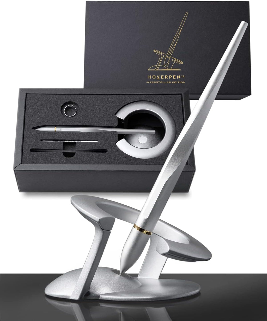 novium Hoverpen Interstellar - Luxury Pen Made With Aerospace Alloys, Unique Aesthetic, Free Spinning Executive Pen, Desk Decor (Starlight Silver, 18K-Gold)