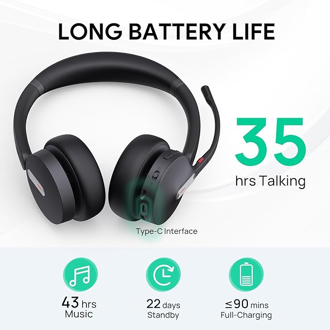 Yealink BH70 Dual Wireless Headset with Mic for Work, Bluetooth Headphone with Teams Certification, up to 35h Talk Time, 147g All-Day Wearing Comfort, Include USB-C/A Dongle & BHC70 Charging Stand