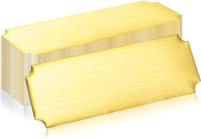 Therwen 30 Pcs Name Plates Laser Engraved Brushed Stainless Steel Plate Personalized Plaque Blank Custom Name Tag Frame Label with Adhesive Backing(Gold Notched Corner,1''x 3'')