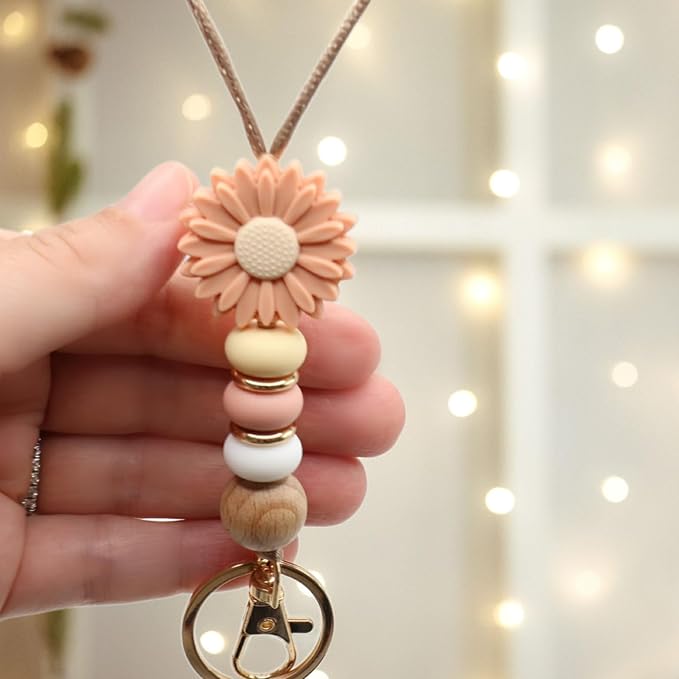 Flower Teacher Lanyards ID Badge and Key Chain, Cute Silicone Beads Lanyard for Women Nurse Work Student (Rose)