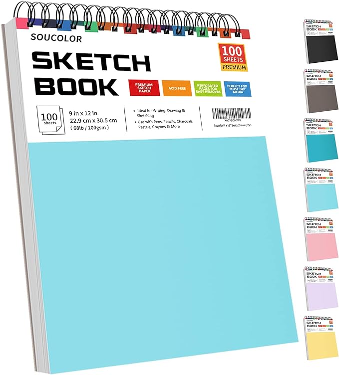 Soucolor 9" x 12" Sketch Book, 1-Pack 100 Sheets Spiral Bound Art Sketchbook, Acid Free (68lb/100gsm) Artist Drawing Book Paper Painting Sketching Pad for Kids Students Adults Beginners