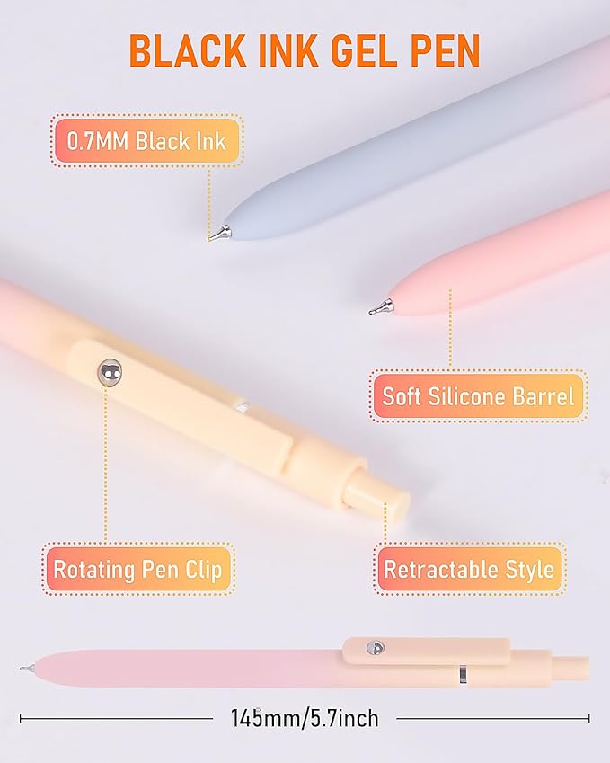 FIOVER Gel Pens, 5pcs Black Ink Medium Point 0.7mm Smooth Writing Pens with Comfort Grip, Aesthetic Ballpoint for Journaling School Office Supplies, Gifts for Women Men