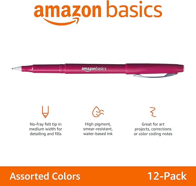 Amazon Basics Felt Tip Markers, Assorted Colors, 12-Pack