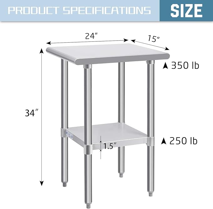 Hally Stainless Steel Table for Prep & Work 24 x 15 Inches, NSF Commercial Heavy Duty Table with Undershelf and Galvanized Legs for Restaurant, Home and Hotel