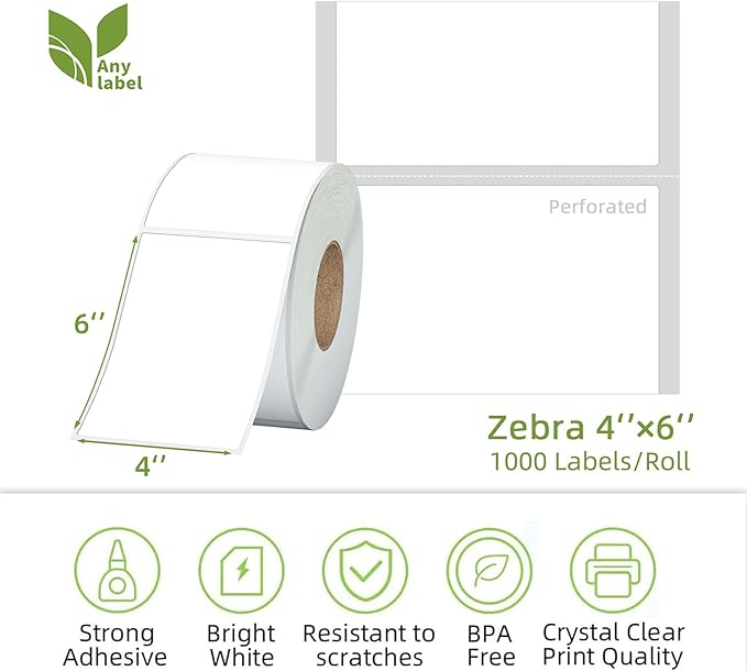 4"x 6" Multipurpose Direct Thermal Labels 3" Core Compatible for Zebra Industrial Printers Adhesive & Perforated (1 Roll, 1000 Labels/Roll)