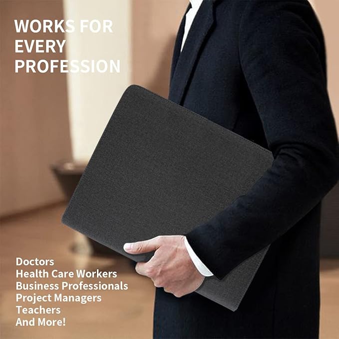 Padfolio Portfolio with Zipper and Clipboard - Leather Business Portfolio Organizer – Zippered Portfolio Padfolio for Women & Men (Non Battery, Black)