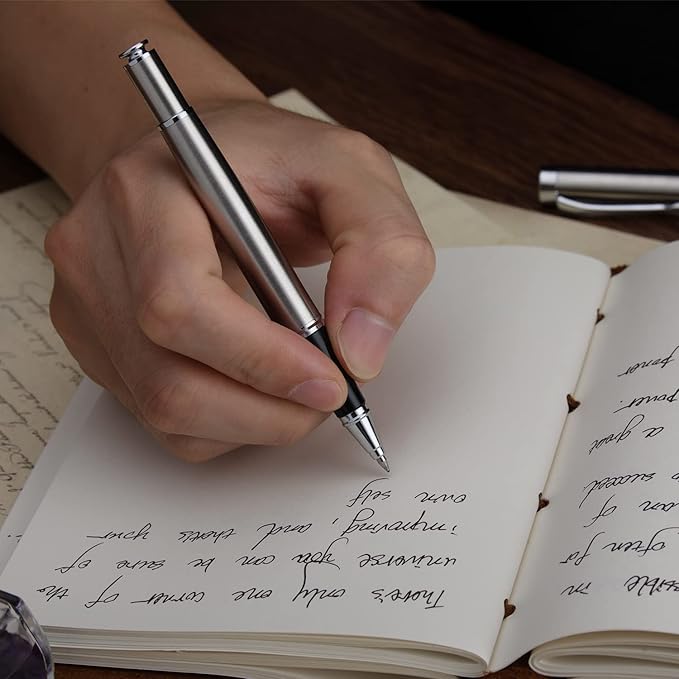 BEILUNER Silver Ballpoint Pens, Stainless Steel Body, Smooth Writing Experience, Dishwasher Safe, Gift Box with Extra Refill