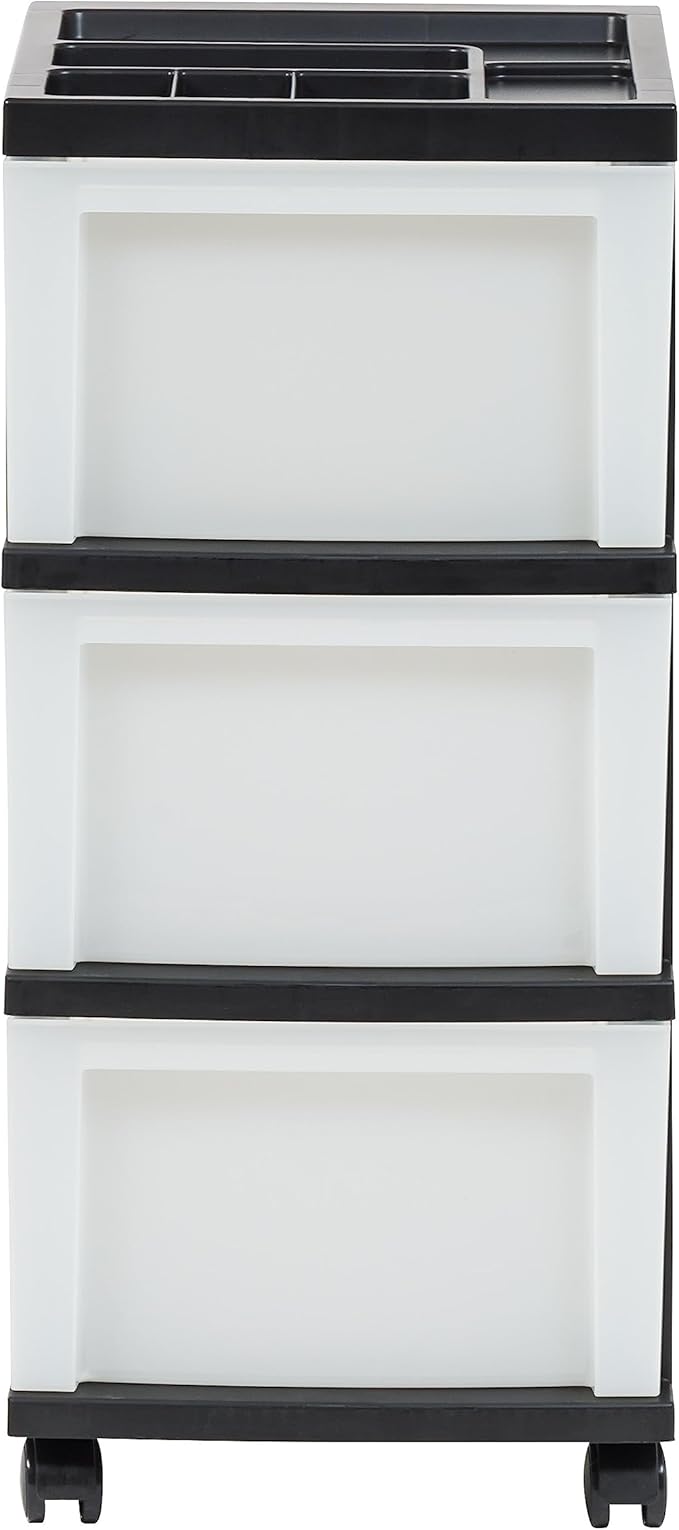 IRIS USA Plastic Drawer Storage Organizer Rolling Cart, with Wheels Casters, 3-Drawers, for Classroom Art Craft Supplies Dresser Closet Bathroom Dorm Bedroom Laundry Room, Black/ Pearl