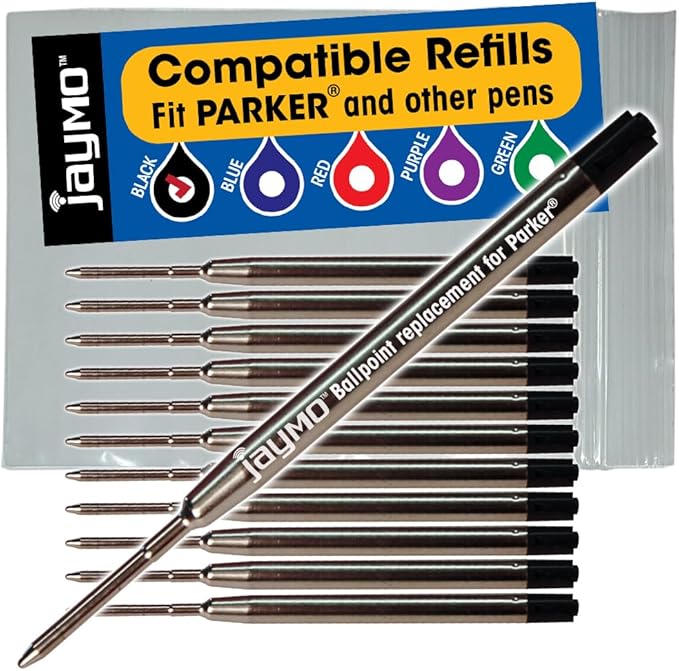 Jaymo Replacement for Parker 1950369 and Bastion - Measures 3.875 in / 98 mm Long - G2 Ballpoint Pen Refill - 12 Black