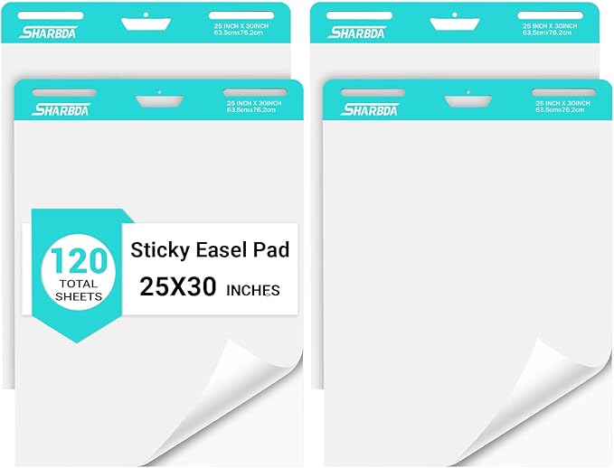 Sticky Easel Pad, 25 in x 30 in,Flip Chart Paper,Sticky Chart Paper for Teachers, Large Self-Stick Easel Paper,Super Sticky & Bleed-Resistant,30 Sheets/Pad,4 Pads