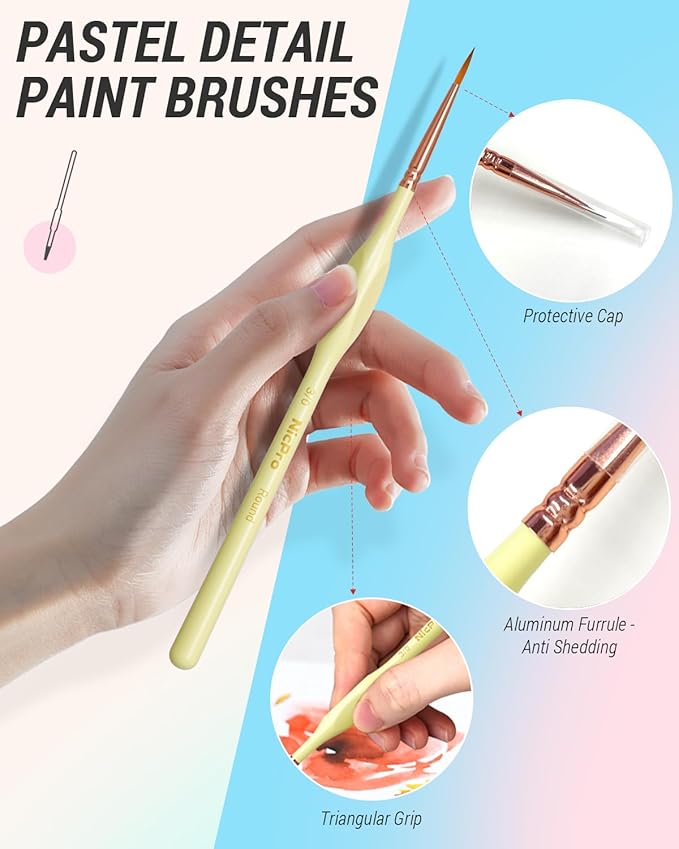 Nicpro 12PCS Fine Detail Paint Brush Drybrush Set, Aesthetic Pastel Fine Tip Miniature Paint Brushes for Acrylic Oil Watercolor, Crafts, 40K Models, Miniatures, Rock Painting, Paint by Numbers