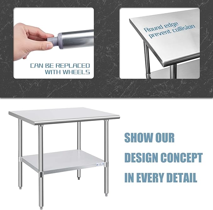 Hally Stainless Steel Table for Prep & Work 30 x 36 Inches, NSF Commercial Heavy Duty Table with Undershelf and Galvanized Legs for Restaurant, Home and Hotel