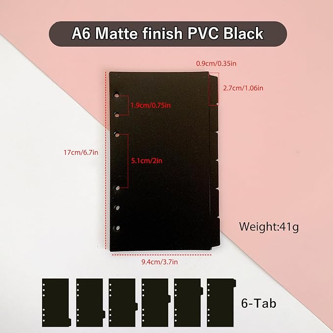 DY.2ten Black Dividers for 6 Ring Binder, 6-Tab Sturdy Plastic Dividers, A6 Index Divider, 6 Hole Binder Dividers, Insertable Notebook Planner Tab Dividers for Binders