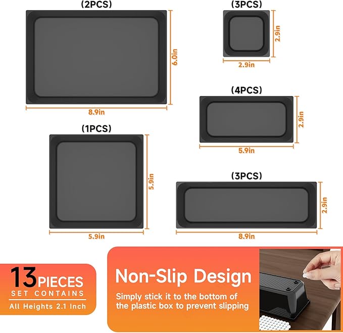 Utility Drawer Organizer Set of 13,With Non-Slip Silicone Pads, 5 Size Small Bins for Organization for Bathroom、Vanity、Nightstan、Kitchen、Office Desk Black Plastic Organizing Containers for Drawers