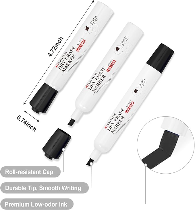 Comix Dry Erase Markers, Chisel Tip Black White Board Markers, 36 Bulk Black Colors Low Odor Markers for Kids Office & School Supplies