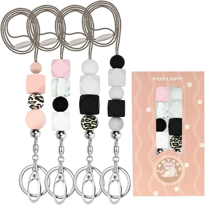 POPLOPP 4PCS Teacher Lanyards for ID Badges and Keys, Cute Silicone Beaded Lanyard for Women Nurse Employees Students