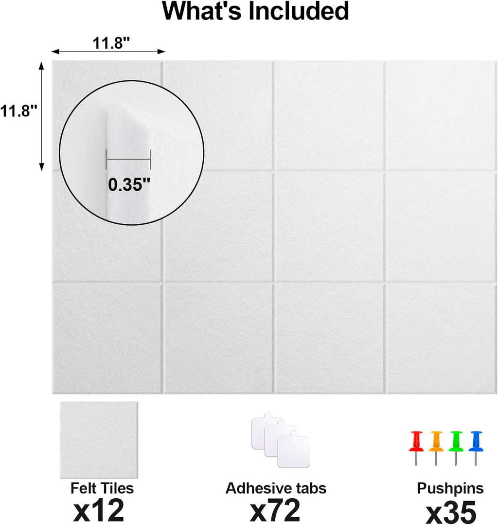 Large Cork Board for Walls 47" x 35" 12 Pack Black Bulletin Boards Felt Wall Tiles with Safe Removable Adhesive Corkboards for Office Home,White