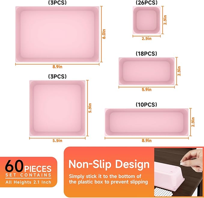 60 Pcs Plastic Drawer Organizer Set,5 Size Small Storage Containers for Organizing Jewelry,Utensil,Junk,Tea,Makeup,Shallow Drawer Organizers Tray Suitable for Office,Desk,Bathroom,Vanity,Kitchen,Pink