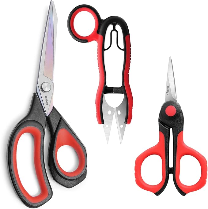 LIVINGO Professional Sewing Scissors Set: 8.5” Heavy Duty Sharp Titanium Coated Forged Stainless Steel Fabric Scissors, 4.5” Small Detail Embroidery Scissors, 5” Thread Snips, Comfort Grip, 3 Pack