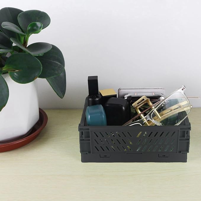 Tixill 2-Pack Mini Foldable Plastic Storage Box Mini Plastic Baskets for Organizing and Storage for Home Kitchen Bedroom Bathroom Office. (Black, 9.8x6.5x3.8)