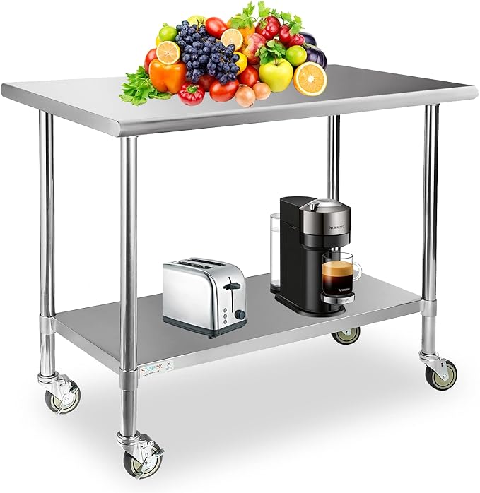 STABLEINK Stainless Steel Table with Caster Wheels 24 x 48 Inches, NSF Commercial Prep & Work Table with Adjustable Undershelf and Table Foot, for Commercial Kitchen, Restaurant, Hotel and Garage