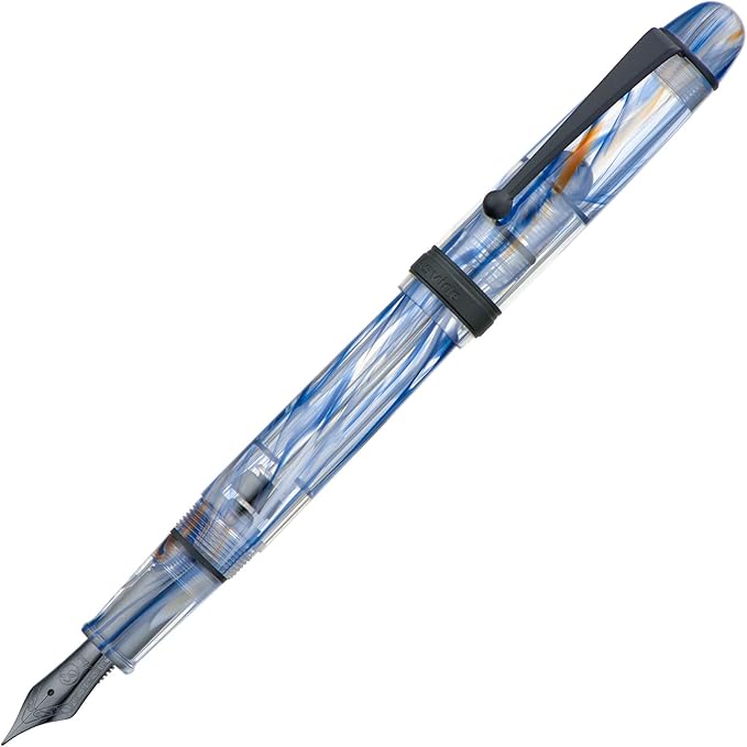 Asvine V126 Vacuum Filling Fountain Pen Blue Swirl Acrylic, Medium Nib Large-Capacity with Gift Case