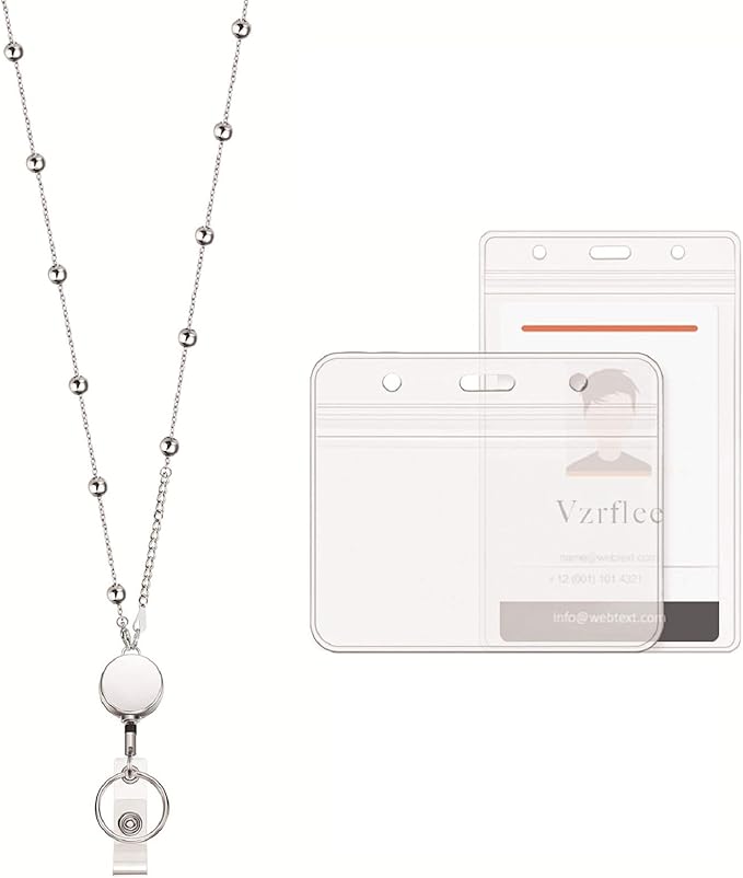 Retractable Badge Reel Lanyard with 2 Pieces ID Holder for Women, Vzrflee Fashion Beaded Chain Premium Stainless Steel Lanyard Necklace Water Resistant Name Badge Holder