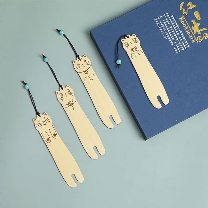 Wood Cat Bookmarks - Set of 4 Cute Bookmarks Aesthetic, Wooden Bookmarks Anime Cat Bookmark for Women Girl Kids, Kawaii Bookmark for Book Lover Cat Lover Friends Best Gifts (Boxwood)