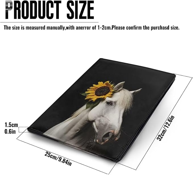 Office Folder White Horse Sunflower Print Leather Padfolio with A4 Size Clipboard Clip for Business Resume Interview Document Sleeve Binder Folder for Men/Women