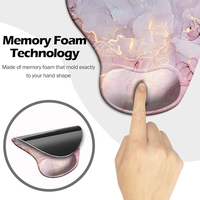 Ergonomic Mouse Pad with Wrist Support and Coaster,Mouse Pads with Non-Slip PU Base for Home Office Working Studying Easy Typing & Pain Relief Cyan Pink Marble