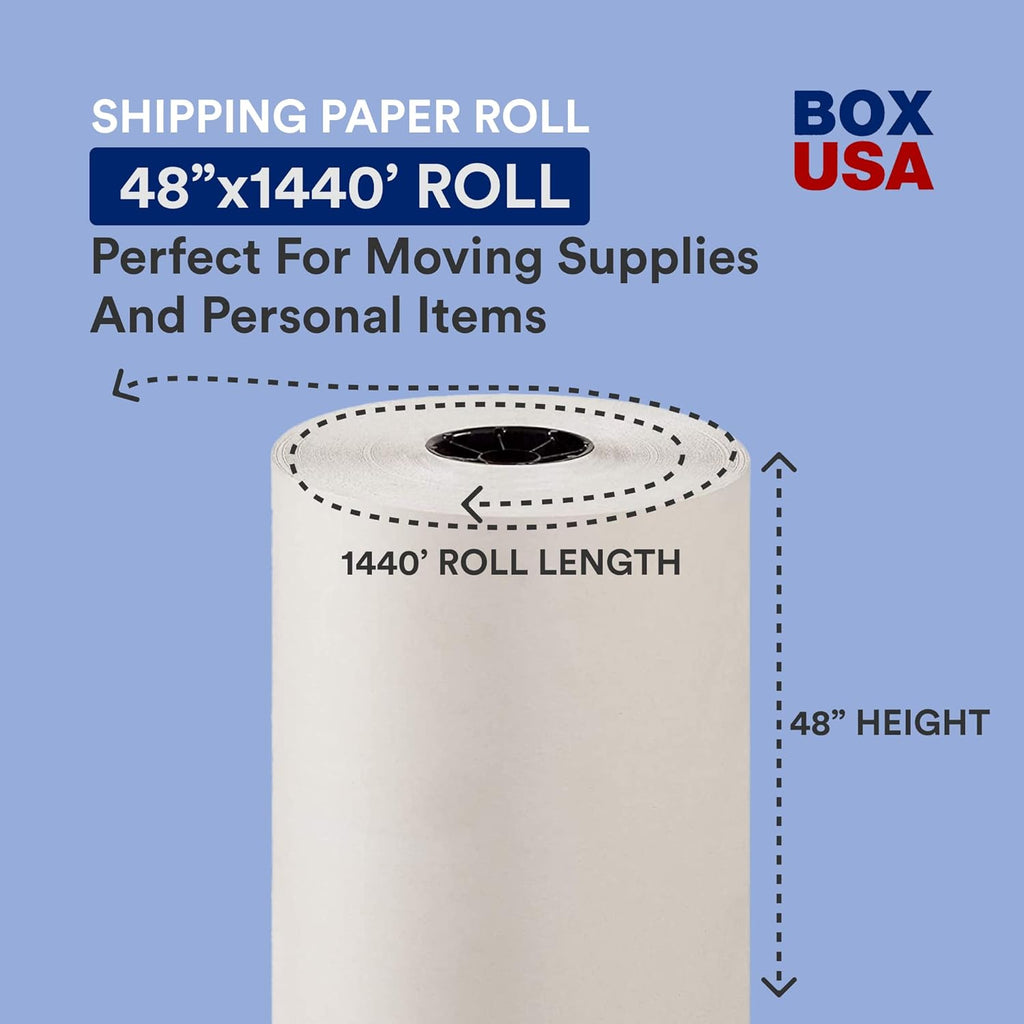 BOX USA Packing Paper Roll 1440'L x 48"W - 1,000 Sheets 17” Long Equivalent - Large White Newsprint for Shipping, Packaging, Storage and Moving Supplies
