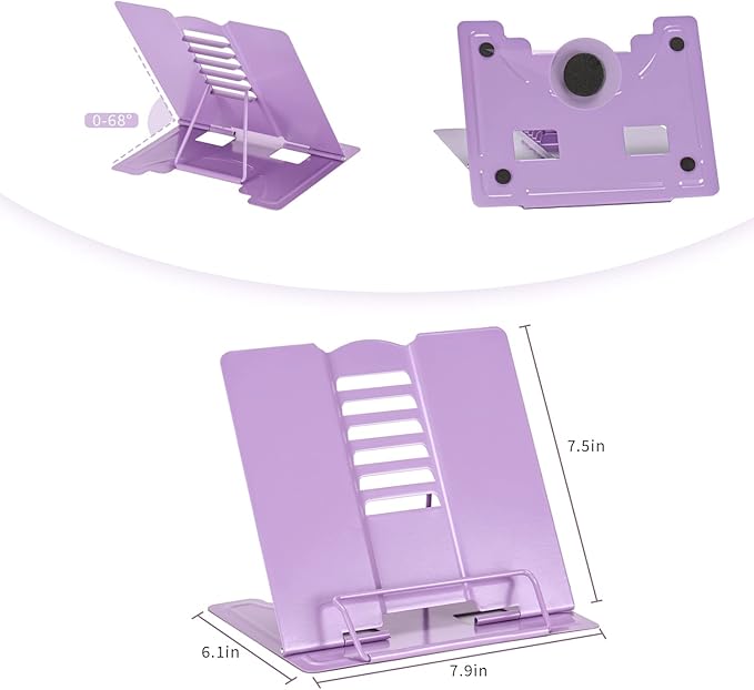 Metal Book Stand - Adjustable Book Holder for Reading (Full Purple)