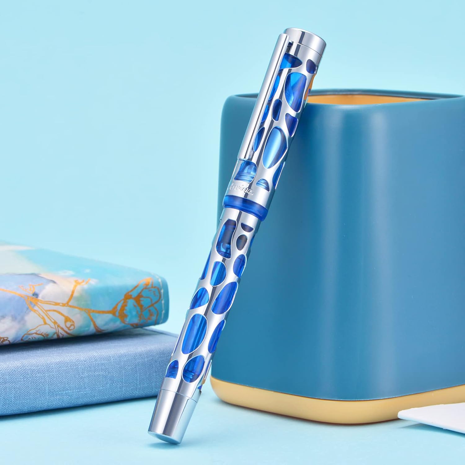 Asvine V169 Vacuum Filling Fountain Pen Extra Fine Nib, Water Drop Skeleton Transparent Blue Acrylic Pen Case Set