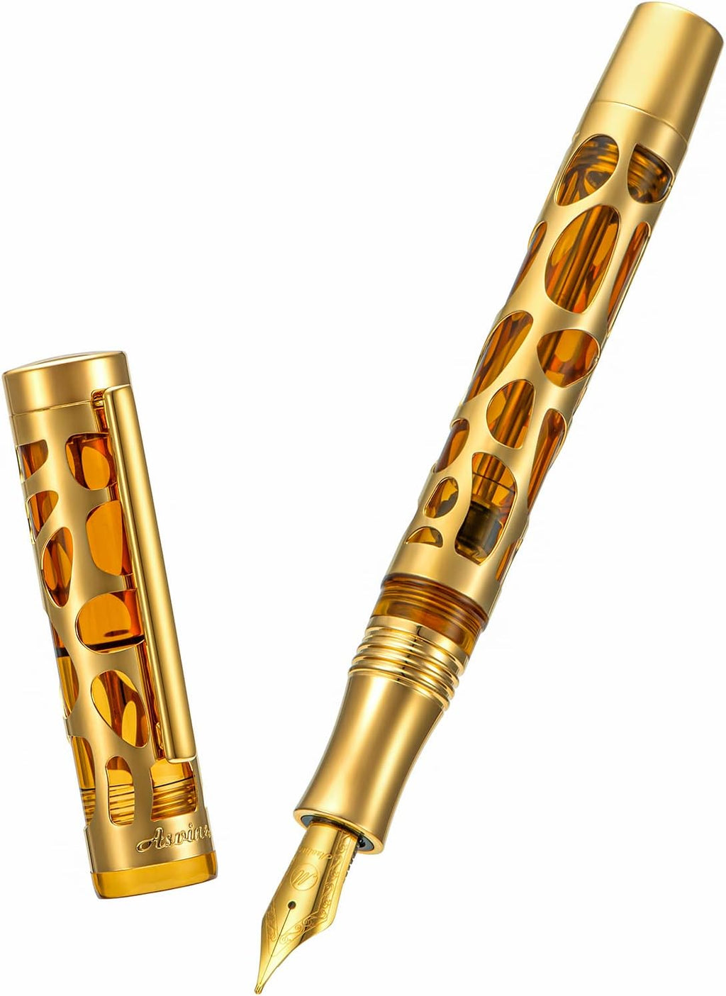 Asvine V169 Vacuum Filling Fountain Pen Medium Nib, Water Drop Skeleton Gold Trim Transparent Coffee Acrylic Pen Case Set
