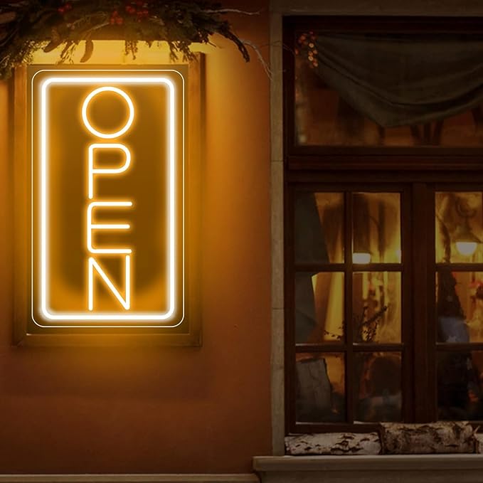 Open Signs for Business Ultra Bright LED Neon Open Signs for Business Storefront Window Glass Door Shop Store Florists Bar Salon Pubs with ON/OFF Switch (White/Yellow -Vertical, 32 Inch)