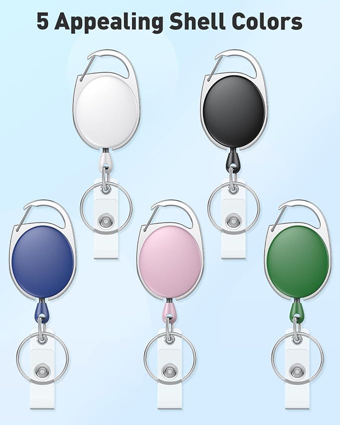 Uniclife 5 Pack Retractable Badge Reel for Badge Holder Heavy Duty Retractable Keychain Strong Colorful ABS Casing with Stainless Steel Spring Coil 24 Inch Nylon Rope Carabiner and Key Ring, 5 Colors