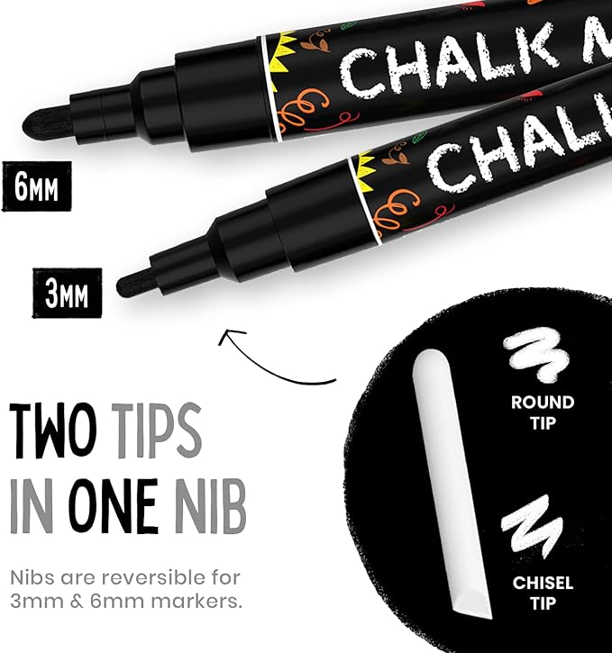 5 Black Chalkboard Chalk Markers - Black Dry Erase Markers for Blackboard, Chalkboard Signs, Windows, Glass | Variety Pack - Fine & Jumbo Size Ink Pen (1mm, 3mm, 6mm, 10mm, 15mm)