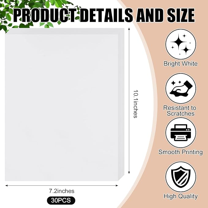 Washi Paper Sticker Paper White Printable Multipurpose Copy Paper Inkjet Printer Compatible Full Sheet Letter Size Labels(30 Pcs,7.2 x 10.1 Inches)