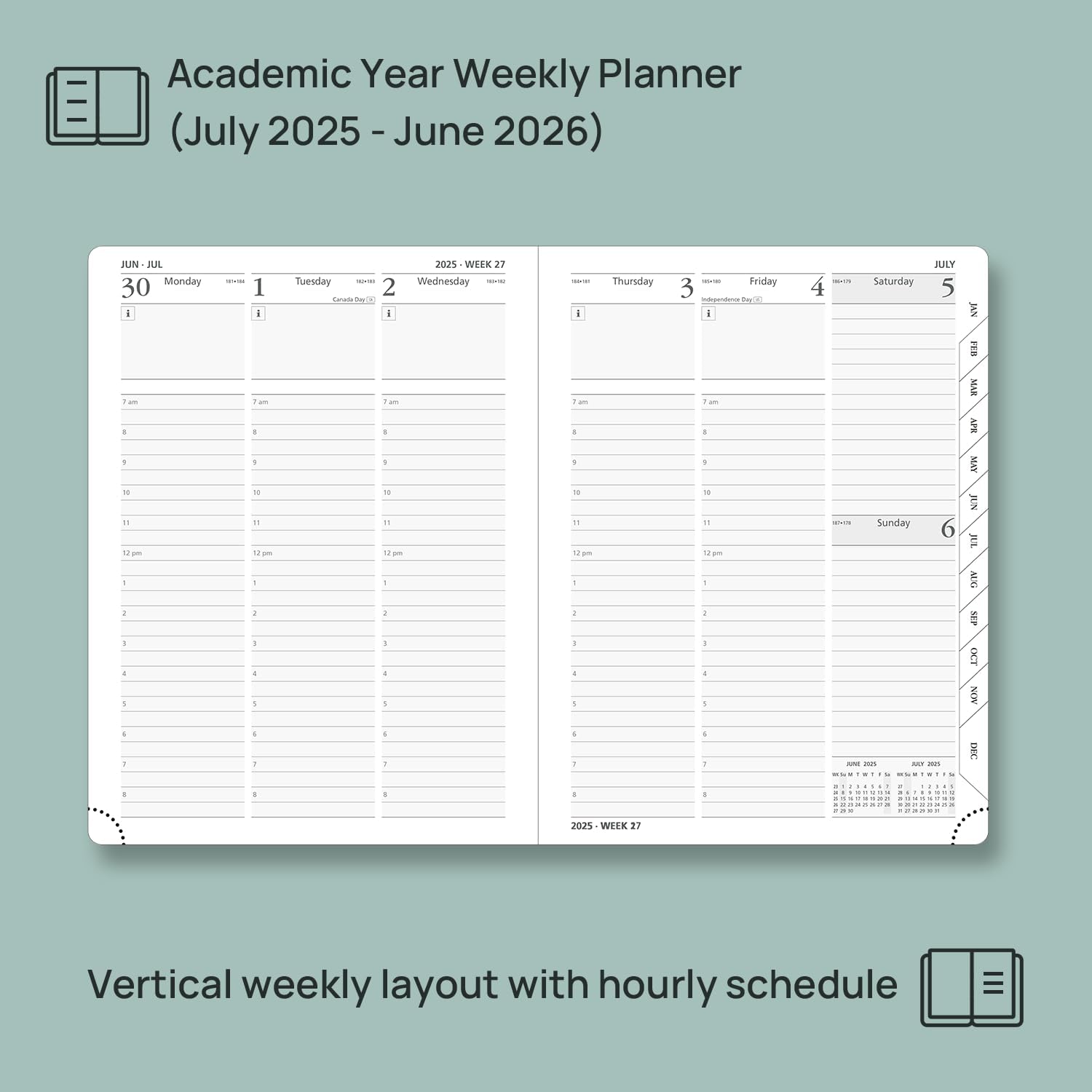 POPRUN Planner 2025-2026, (Medium 6.5'' x 8.5'' Hard Cover) Academic Calendar (July 25-June 26) Daily Weekly and Monthly Appointment Book with Hourly Time Slots, Monthly Tabs, 100 GSM - Orange
