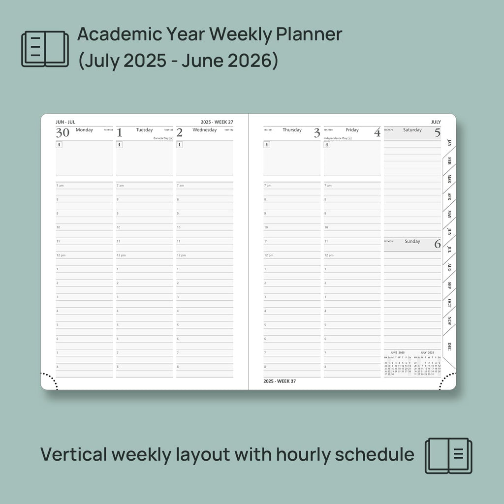 POPRUN Planner 2025-2026, (Medium 6.5'' x 8.5'' Hard Cover) Academic Calendar (July 25-June 26) Daily Weekly and Monthly Appointment Book with Hourly Time Slots, Monthly Tabs, 100 GSM - Black