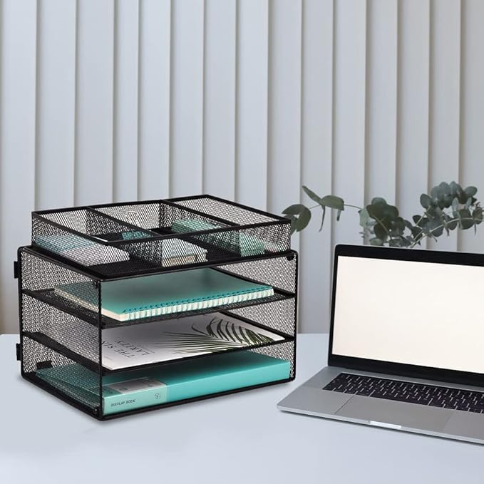 EASEPRES Paper Organizer Tray, 3 Tier Mesh Desk File Organizer Letter Sorter Holder with Drawer for Home Office, Black