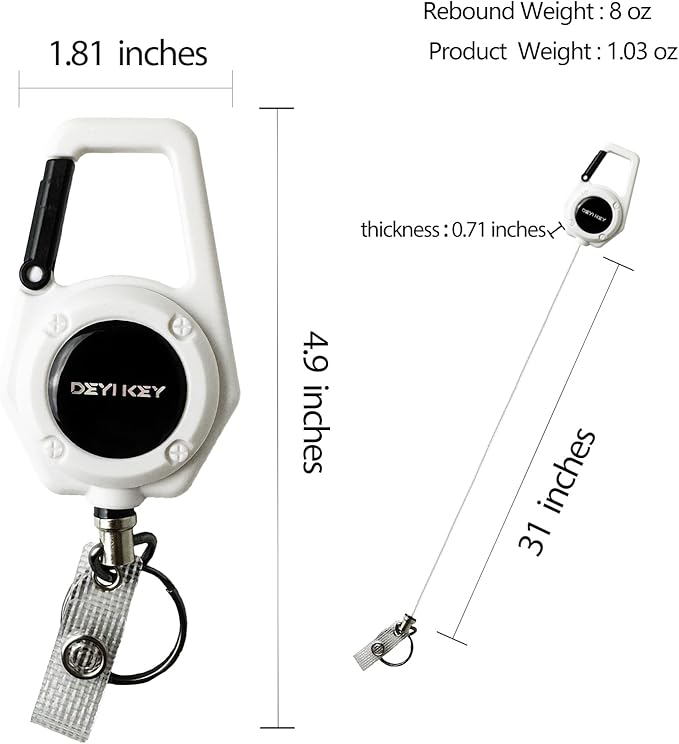 Retractable Keychain Heavy Duty, Multitool Carabiner Badge Holder, Retractable Keychain Clip Id Holder, Tactical ID Badge Reel with 29.5" Steel Retractable Cord, White