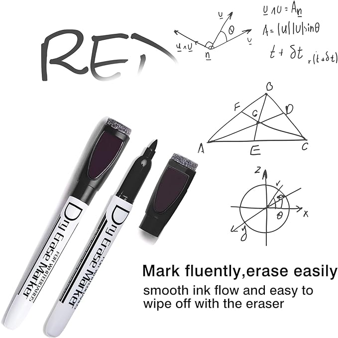 Volcanics Magnetic Dry Erase Markers With Eraser Low Odor Fine Tip Whiteboard Pens Pack of 12, Black