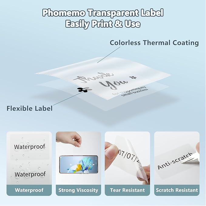 Transparent Thermal Label Paper,Multi-Purpose Label for Phomemo M110/M220/M120/M150/M250 Label Printer, Self-Adhesive Thermal Printer Paper, 1.57"x2.35"(40x60mm) 130 Labels/Roll, Clear