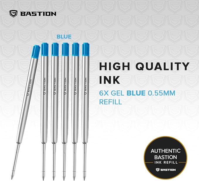 BASTION® Premium Pen Refill, Deeply Pigmented Ink for All Bastion Bolt Action Luxury Pens, Standard Ink Refill with 0.55mm Fine Tip - Blue Gel, 6 PC