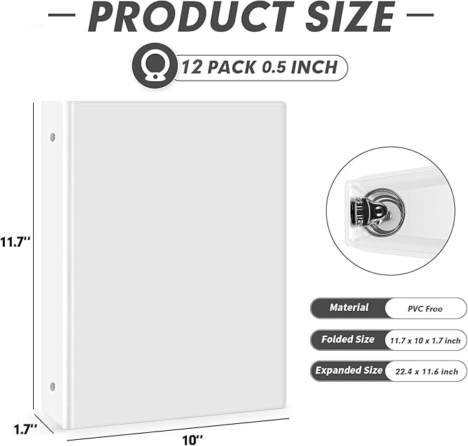 3 Ring Binder 0.5 Inch, PANDRI 12 Pack 0.5-Inch Binder Fits Letter Size 8.5'' x 11'' Paper, Versatile Binders for Office Home School, 2 Pockets, White